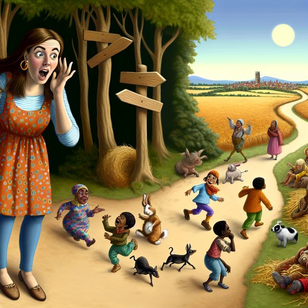 Ontdekken van de verkeerde weg in een bos Een jongedame in een bos die zich realiseert dat ze de verkeerde weg is ingeslagen, omringd door vrolijke kinderen en expressieve dieren.