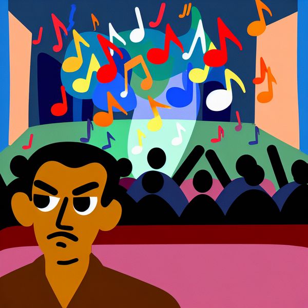 Minimalistische scene van een concert met een ontevreden persoon in het publiek