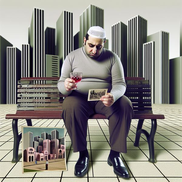 Ontevreden persoon op een parkbank in een retro-futuristische omgeving Een persoon zit alleen op een parkbank met een afgezakte houding en hoofd naar beneden, omringd door een onvriendelijke stedelijke omgeving. Ze houden een glas in de hand en kijken naar een vervaagde foto, wat hun verdriet uitdrukt.