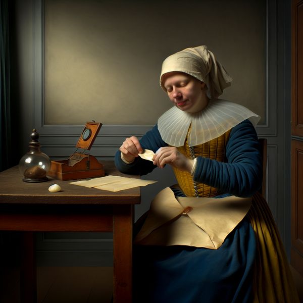 Onthullen van een brief: intiem 17e-eeuws familietafereel in Vermeer-stijl 17e-eeuws Nederlands tafereel van een persoon die een verzegelde brief opent terwijl familie toekijkt, moment van onthulling in zachte Vermeer-stijl