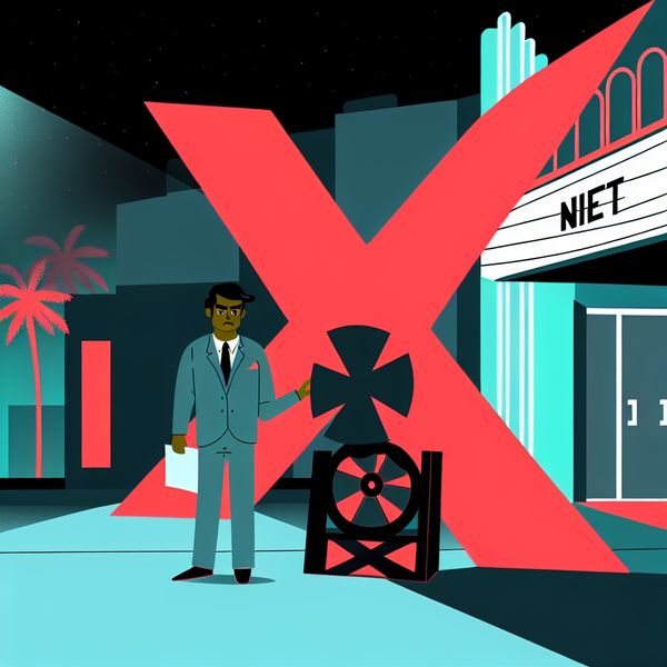 Illustratie ontkenning Nederlands: betekenis van 'niet' met visuele weigering Minimalistische retro-futuristische illustratie van een persoon die 'niet' zegt bij een bioscoop, met een grote rode 'X' en een doorgekruist filmrolletje als symbool voor ontkenning