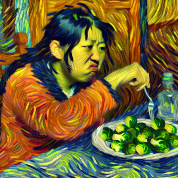 Ontkenning uitdrukken in het Nederlands: voorbeeld met spruitjes en Van Gogh-kunst Persoon die met een vork spruitjes wegduwt aan een eettafel in Van Gogh-stijl, uitdrukking van ontkenning en afkeer