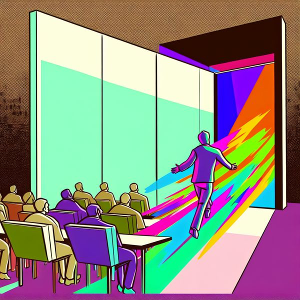 Illustratie van een persoon die ontsnapt uit een saaie vergaderruimte vol verveelde deelnemers, symboliserend het concept 'ontkomen' aan een vervelende situatie