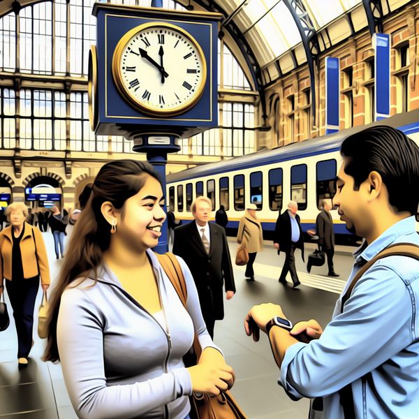 Ontmoeting op Station om Twaalf Uur Twee mensen ontmoeten elkaar op een station om twaalf uur. De klok in het station toont twaalf uur precies, één persoon controleert zijn horloge, de ander nadert met een glimlach.