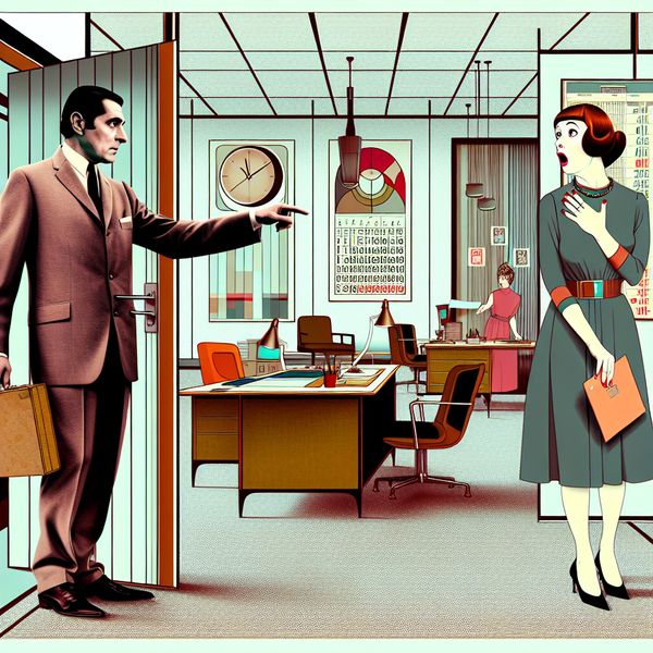 Illustratie van een directeur die een geschokte werknemer ontslaat in een retro-futuristisch kantoor uit de jaren 60, met vintage meubels en een gespannen sfeer