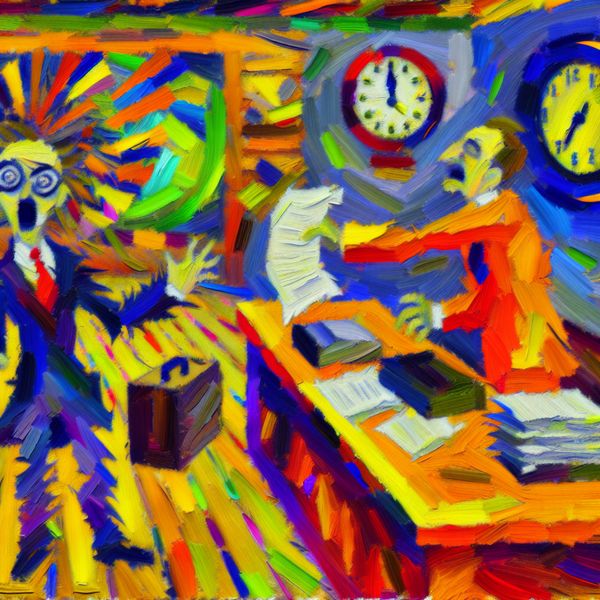 Abstracte kunst over ontslag in een chaotisch kantoor Een abstracte weergave van een chaotische kantooromgeving met een werknemer die een ontslagbrief ontvangt.