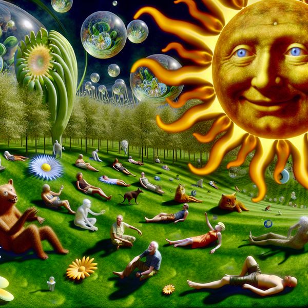 Surrealistisch tafereel in de stijl van Jheronimus Bosch van mensen die ontspannen in de zon liggen op reusachtig gras, met een glimlachende zon en magische elementen