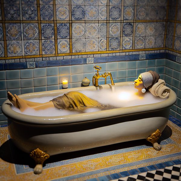 Ontspannen persoon in een groot, luxueus bad met warm water en zachte belichting in een serene badkamer, geïnspireerd op Johannes Vermeer