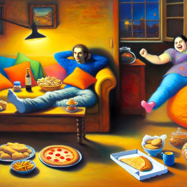 Twee mensen ontspannen in een gezellige woonkamer met snacks en een pizza doos