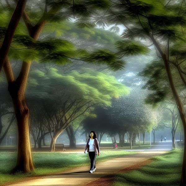 Ontspannen ochtendwandeling in het park iemand loopt op een bospad met ochtendmist