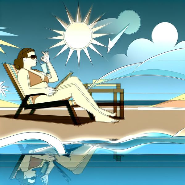 Ontspannen op het strand met een verfrissend drankje Een persoon die ontspannen in een strandstoel zit onder de zon, genietend van een verfrissend drankje met golven op de achtergrond.