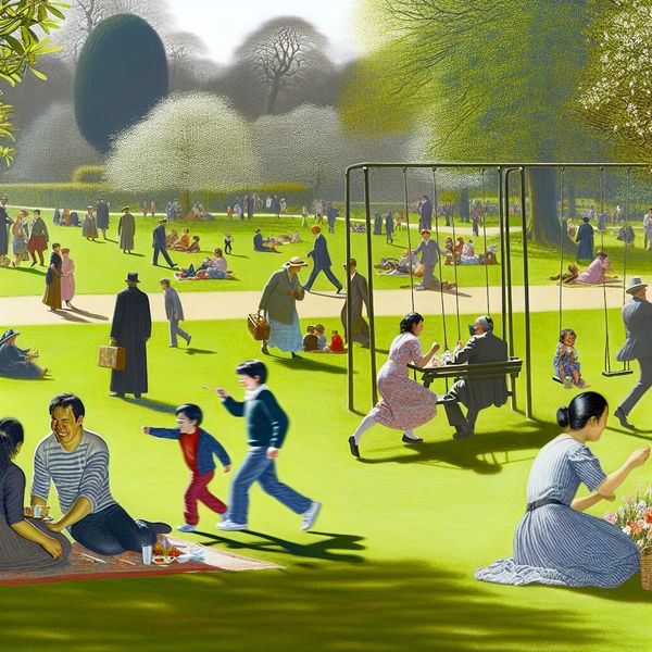 Ontspannende Park Scène in Barokstijl Een serene park scène met mensen die ontspannen op banken zitten en genieten van de zon op een ontspannen dag. Een gezin heeft een picknick op een groen gazon, omringd door bloeiende bloemen en zingende vogels.