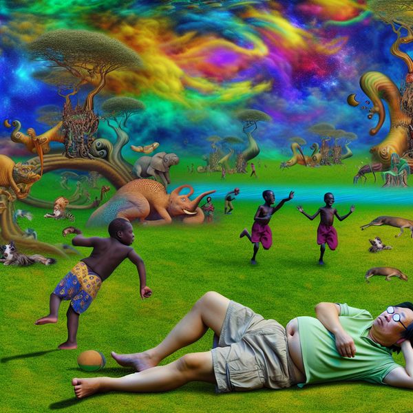 Dommelen en Ontspanning onder een Surrealistische Lucht Een ontspannen persoon die dommelt op weelderig gras onder een surrealistische lucht, terwijl blije kinderen spelen.