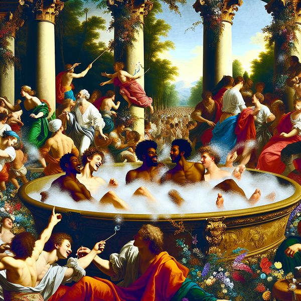 Ontspanning in een luxe badkuip met vrienden Een groep jonge mensen die samen ontspannen in een grote, decoratieve badkuip vol met bellen.