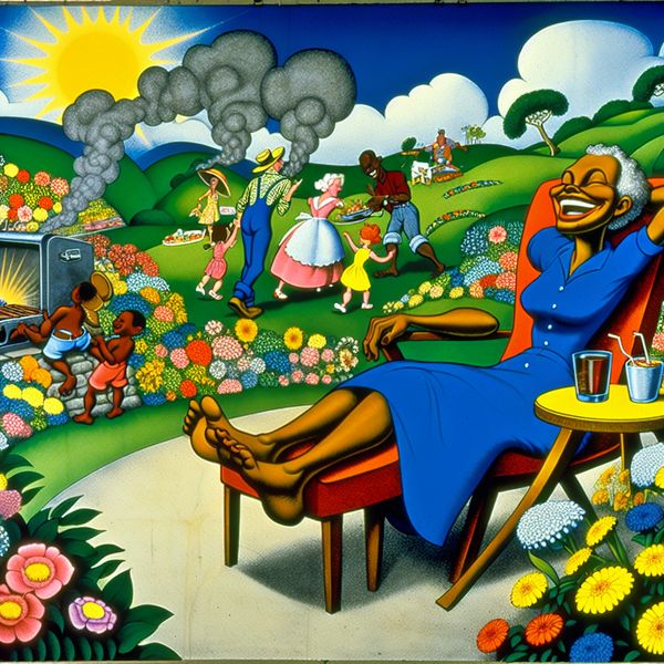 Ontspanning in de Zomertuin - Cartoon Afbeelding Een cartoon van een kleurrijke zomertuin met een persoon die ontspannen op een stoel zit met een boek, omringd door bloemen, een drankje op een tafel en een familie die een barbecue voorbereidt.