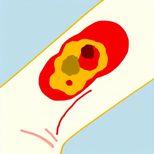 Minimalistische illustratie van een ontstoken wond met etter, geïnspireerd op Dick Bruna-stijl