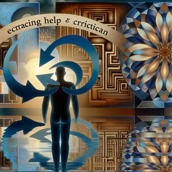 Ontvangen Hulp en Kritiek in Surrealistische Abstracte Kunst Abstracte afbeelding van een vervormde humanoïde figuur die openstaat voor hulp, omringd door geometrische vormen en optische illusies.