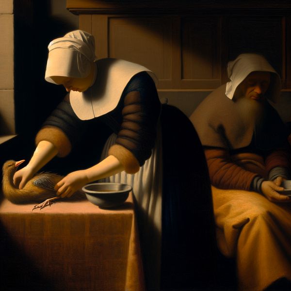Schilderij in de stijl van Gerard ter Borch met een zorgzame scène: een persoon verbindt de vleugel van een gewonde vogel terwijl een ander water aanbiedt aan een vermoeide dakloze persoon