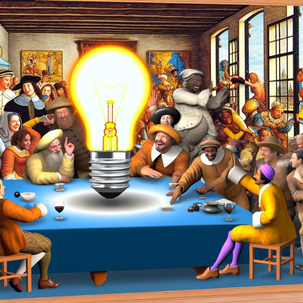 Ontwaking van Ideeën Rondom Tafel Een groep diverse, levendige personages rond een tafel met een gloeilamp in het midden.