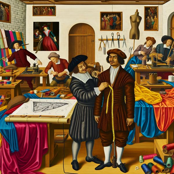 Designer in kleurrijke studio met kledingontwerpen Een illustrator in een levendige studio met kleurrijke stoffen en kledingontwerpen, die zorgvuldig een kledingstuk aanpast op een mannequin.