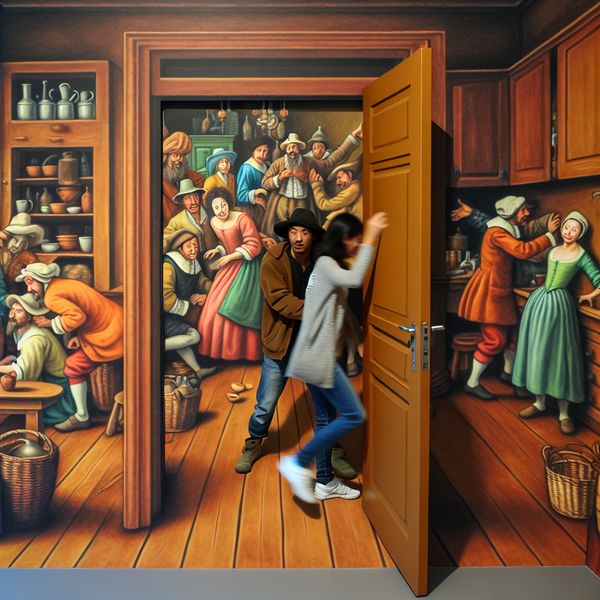 Speelse ontsnapping: Humor in een drukke kamer Een vrouw ontwijkt een confrontatie met een man in een levendige en rommelige kamer.