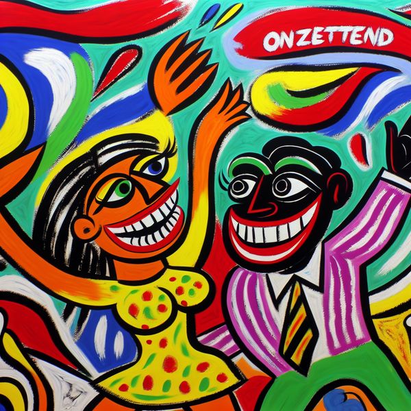 Abstracte voorstelling van twee vrolijke mensen die elkaar ontmoeten, met felle kleuren en dikke contouren om extreme blijdschap en versterking van emotie uit te drukken