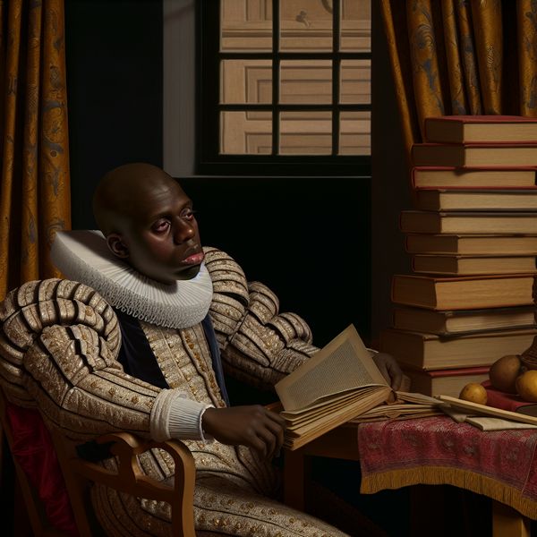 Gedetailleerde schilderij van een persoon die overweldigd is door een onmogelijke taak met stapels boeken, in de stijl van Gerard ter Borch