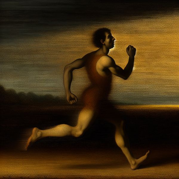 Onveranderlijke hardloper in Rembrandt-stijl: symboliek van tijdloze inspanning Schilderij in Rembrandt-stijl van een hardloper in mid-stride, verlicht door chiaroscuro, symboliserend onveranderlijkheid en constante beweging