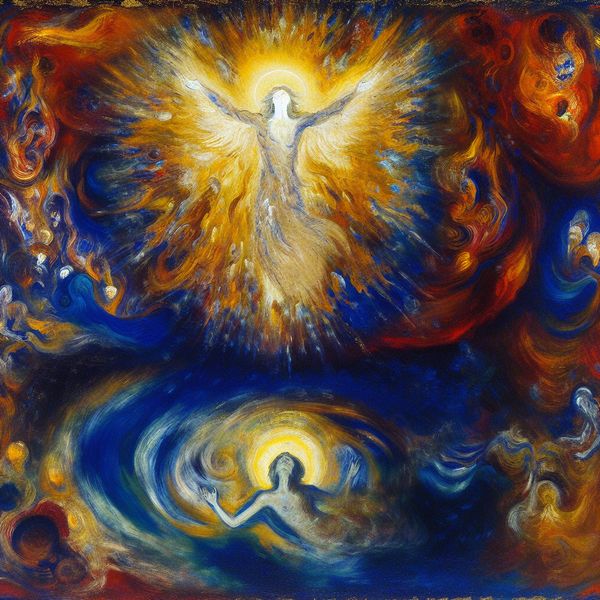 Abstract expressionistisch schilderij van een goddelijke aanwezigheid die onverdiende genade uitstraalt, met een hemels figuur omgeven door gouden licht en een nederige mens beneden