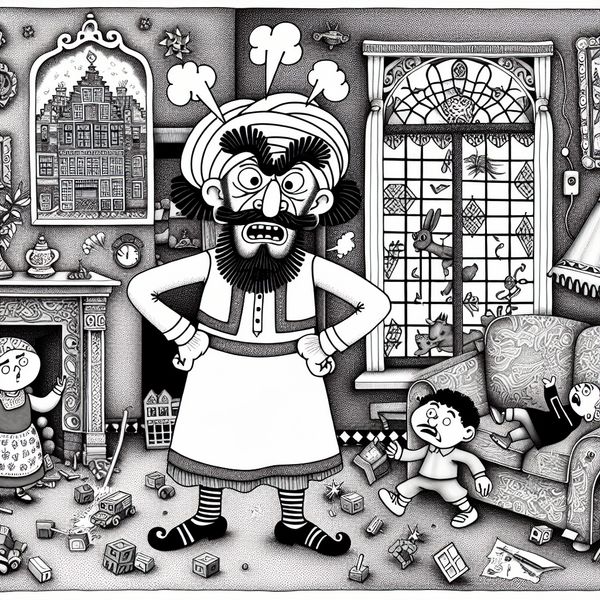 Cartoon van een gefrustreerde volwassene in een rommelige woonkamer, omringd door chaotische kinderen die springen, tekenen op de muur en blokkentorens omgooien, wat onverdraaglijk gedrag illustreert