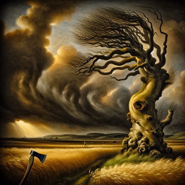 Oude, knoestige boom met een bijl tegen de stam in een stormachtig landschap, symbool voor onvermijdelijke gebeurtenissen