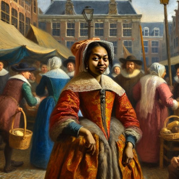 Betekenis van onverschillig: zelfverzekerde vrouw negeert roddels in historische marktscène Zeventiende-eeuwse Nederlandse marktscène met een zelfverzekerde vrouw in weelderige historische kleding, die onverschillig staat tegenover roddelende dorpsbewoners, geïnspireerd op de stijl van Frans Hals