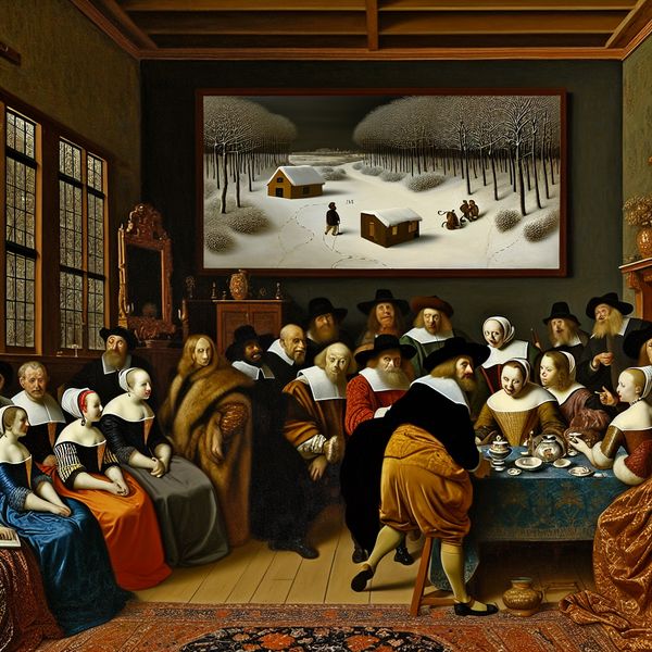 17e-eeuws Hollands interieur met groep mensen die lachend een absurd onpraktisch plan bekijken: een tent in een besneeuwd bos op een grote kaart