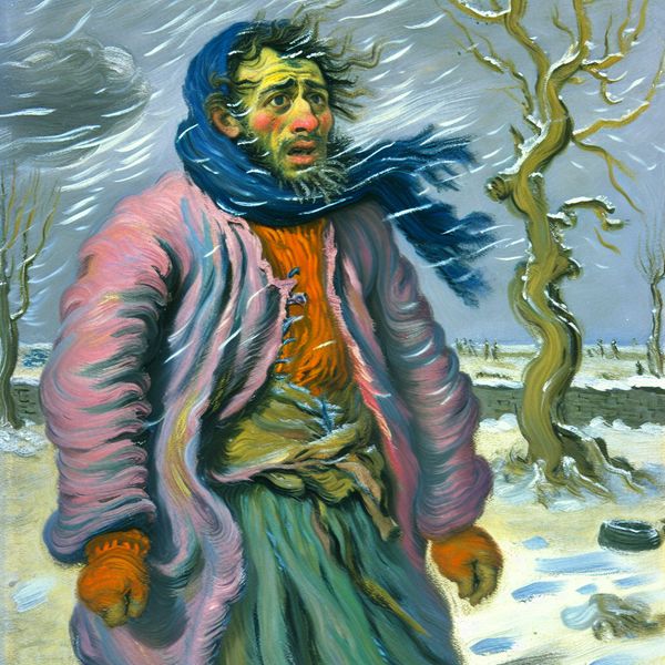 Persoon bibberend in koude wind zonder jas, spijtige blik met zichtbare adem en sneeuwvlokken, illustratie van onverstandige beslissing