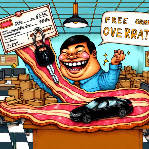 Onverwacht voordeel of extraatje: spek bij de bonen in cartoonstijl Cartoonachtige scène van een vrolijke persoon aan een bureau vol onverwachte bonussen, waaronder een reusachtige ham met een autosleutel en bonuscheque als spek bij de bonen