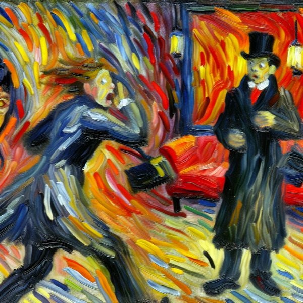 Onverwachte ontmoeting - abstracte expressie van verrassing en spontaniteit Abstract expressionistisch schilderij van een onverwachte ontmoeting met twee figuren in chaotische, levendige penseelstreken, emotie van verrassing en plotselinge interactie