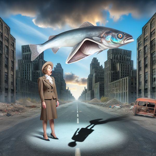 Onverwachte Ontmoeting op een Verlaten Straat Een persoon in een vintage kostuum kijkt verrast naar een grote ethereal vis die door de lucht zwemt boven een verlaten straat.