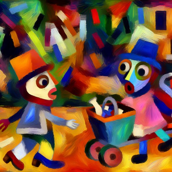 Twee vrolijke figuren met kinderlijke gezichten botsen onverwacht in een kleurrijke, chaotische straatscène in de expressieve stijl van Karel Appel