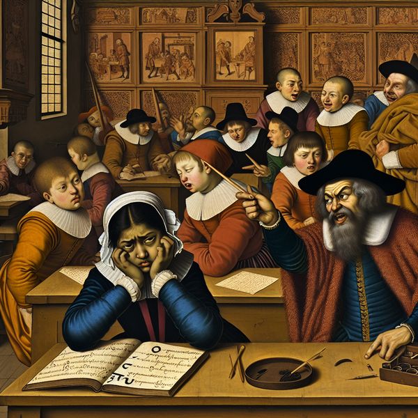 17e-eeuws Nederlands klaslokaal met een teleurgesteld meisje dat een onvoldoende 'O' voor Frans op haar schoolrapport ziet, terwijl de leraar streng wijst en klasgenoten gniffelen