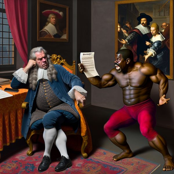 Onvoordelig contract in Barok stijl Een zakelijke man in een barok kantoor kijkt bezorgd naar een groot contract, terwijl een sterke werknemer gefrustreerd naar het contract wijst.