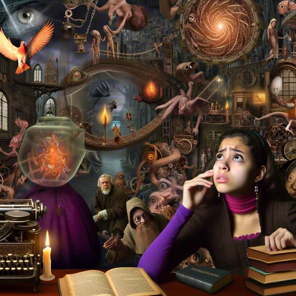 Surrealistisch tafereel van een jonge vrouw in een middeleeuwse studeerkamer die met ongeloof kijkt naar een gebroken spiegel die een dystopische wereld zonder technologie toont, omringd door bizarre wezens en symbolische details in de stijl van Jheronimus Bosch