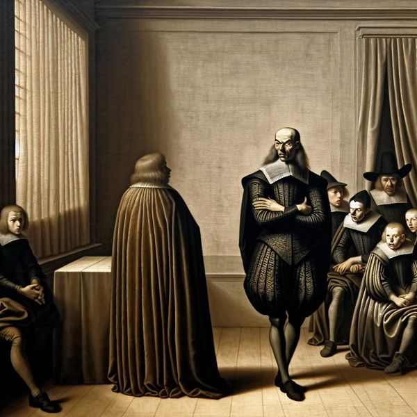 Onvriendelijke leraar in historische klas: strenge blik en nerveuze leerlingen 17e-eeuwse Nederlandse klas met strenge leraar en nerveuze leerlingen die te laat zijn, onvriendelijke sfeer