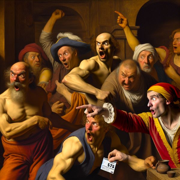 Onwaarschijnlijke gebeurtenis in barokke stijl: reacties van verbazing en twijfel Barokke scène met dramatische reacties van ongeloof in een levendige taverne, waarbij iemand verbaasd wijst naar een persoon met een loterijbriefje of medaille