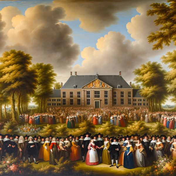 Historische schoolgemeenschap in Nederlandse landschapsschilderkunst van de Gouden Eeuw 17e-eeuws Nederlands landschap met een statig schoolgebouw waar studenten en leraren in historische kleding feestelijk samenkomen, symboliserend voor gemeenschap en trots