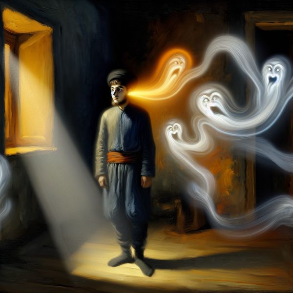 Onzekerheid en Schaduwen - Een Reflectie van Emoties Een jonge man in een schemerige kamer omringd door spookachtige schaduwen die zijn onzekere gedachten vertegenwoordigen.