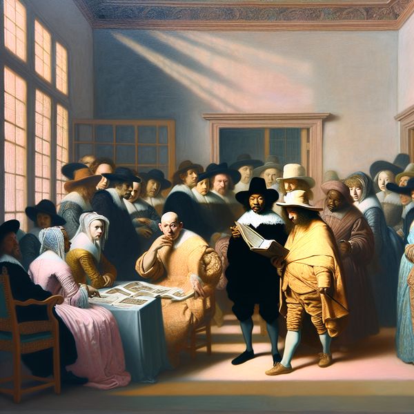 Onzekerheid in communicatie: een creatieve weergave Een elegant en zachtgekleurde kamer waar een groep mensen verwarring en onzekerheid toont tijdens een discussie over onduidelijke documenten.