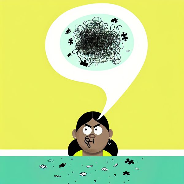 Onzin uitspraak herkennen - minimalistische illustratie voor taalbegrip Minimalistische illustratie van een verwarde persoon met een spraakwolk vol chaotische, onsamenhangende symbolen en krabbels die onzin uitbeelden