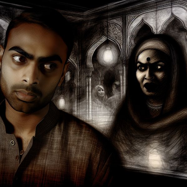 Twee mensen maken oogcontact in een zwak verlichte omgeving, met gothic elementen op de achtergrond.