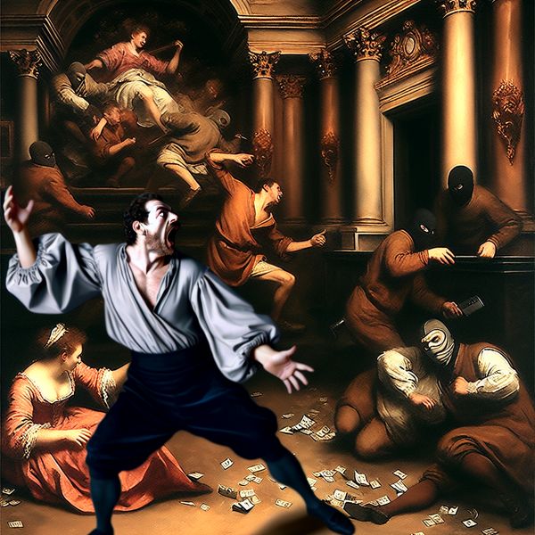 Ooggetuige bankoverval barokschilderij Rubens-stijl taallessen Nederlands Barokke schildering van een ooggetuige die dramatisch wijst naar overvallers tijdens een bankroof, in de stijl van Peter Paul Rubens