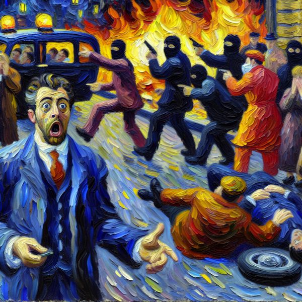 Ooggetuige van misdrijf of ongeval in expressieve Van Gogh-kunst Schokkende ooggetuige van een misdrijf of ongeval in Van Gogh-stijl met emotionele expressie en chaotische scène